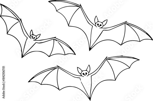 bat line drawing three flying bats vector clipart for craft