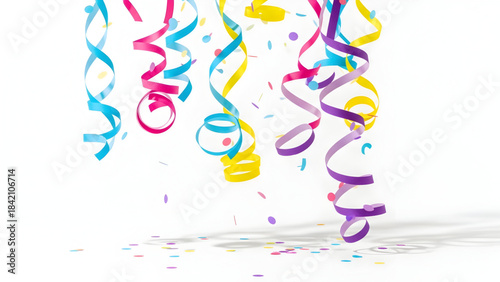 Colorful ribbons and confetti falling party decoration