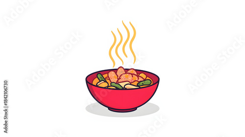 A warm bowl of delicious stew with fresh vegetables and flavorful ingredients illustration