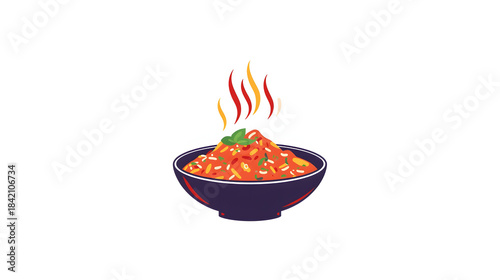 A delicious hot meal in a bowl, featuring vibrant colors and steam rising, illustrated in a modern flat design style