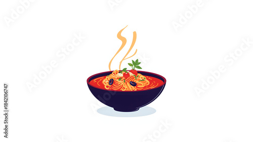 A hot bowl of delicious spaghetti with tomato sauce and fresh garnishes