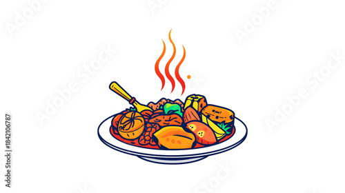 A colorful illustration showing a steaming hot meal of various ingredients on a white plate