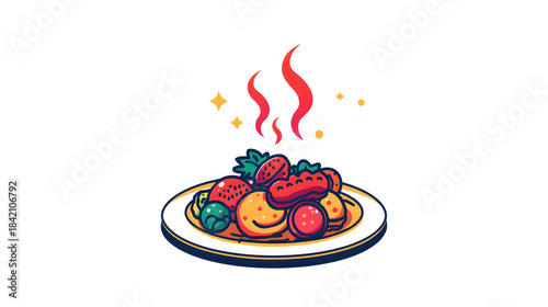 A vibrant cartoon illustration of a hot and savory meal served on a white plate