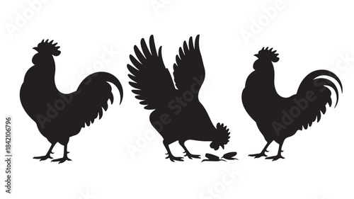 Black silhouette rooster and hen icons for farm animal symbols, vector illustration