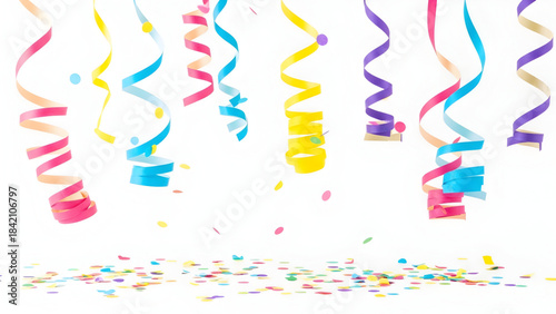 Colorful ribbons and confetti on for celebration