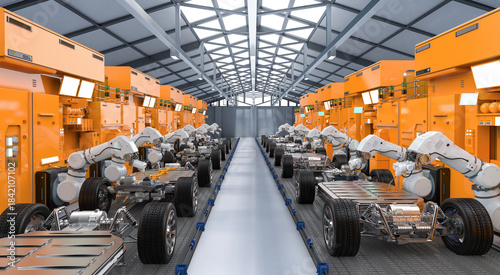 Fotografie Automation automobile factory with robot assembly line manufacture ev car