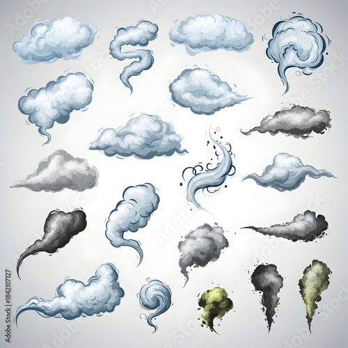 Collection of various cloud shapes and stormy weather formations
