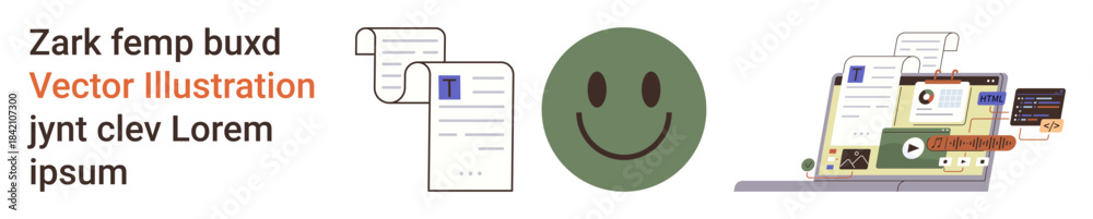 Fototapeta premium Digital communication, workflow management, online media, e-learning, document sharing, user engagement. Documents, happy face and laptop displaying media. Digital communication and workflow