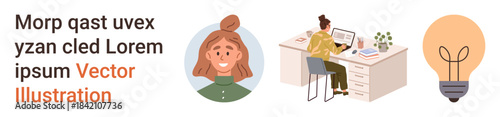 Creativity, innovation, productivity, office work, design, education. Illustration of a person at a desk, a female portrait and a light bulb. Creativity and innovation concept