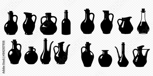 Set of black silhouettes of various olive oil bottles and jugs, isolated on a transparent background.