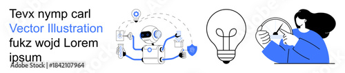 Technology innovation, human creativity, artificial intelligence, ideas generation, robotics, and problem-solving. Robot with shield, light bulb and person working. Artificial intelligence