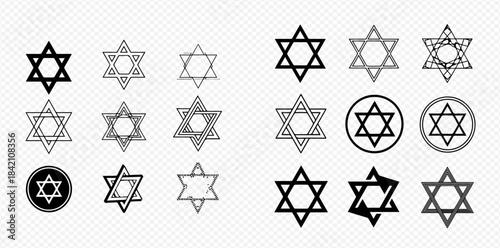 Star of David symbol set: Jewish religious icons in various styles and outlines.