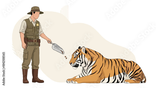 Highly detailed flat-style illustration of a faceless Asian zookeeper wearing a khaki vest, utility belt, and leather boots, gently feeding a large tiger through a stainless feeding scoop