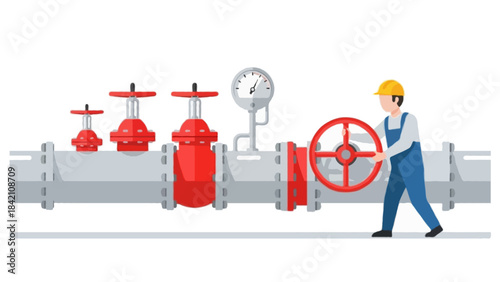 Flat illustration of an industrial gas pipeline with valves and pressure meter