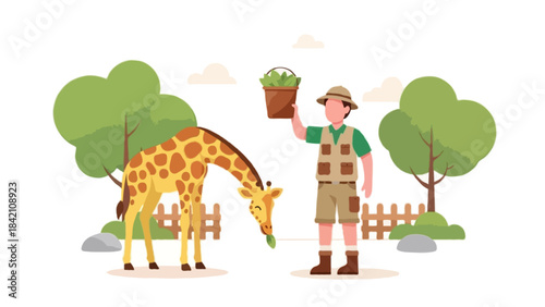 Flat cartoon illustration of a faceless zookeeper feeding a giraffe with a bucket of leaves