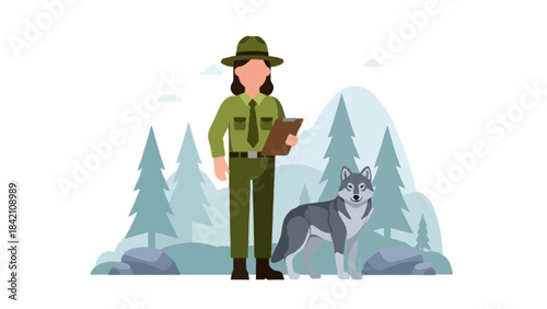 A faceless wildlife ranger in green forest uniform holding a clipboard while a grey wolf stands calmly beside him