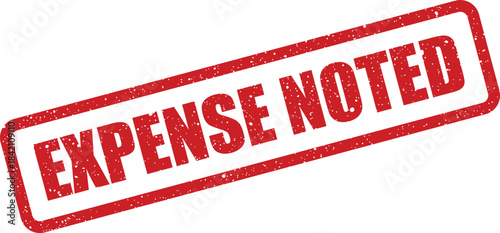 Weathered red rectangular rubber stamp with EXPENSE NOTED text acknowledging a financial items receipt or review