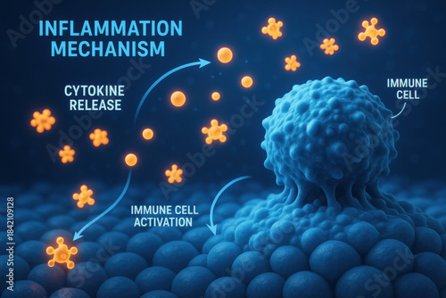 Scientific inflammation mechanism diagram shows cytokine release and immune cell activation. glowing molecular process with an intricate, cool blue scientific lighting concept