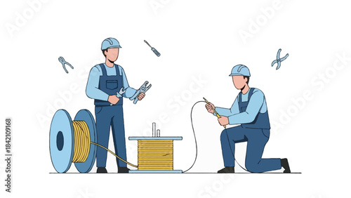  flat vector of fiber optic installation workers