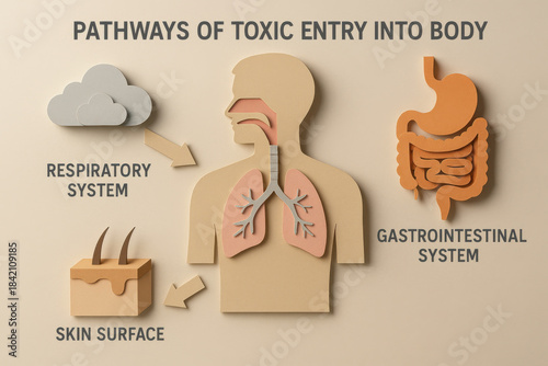 Medical infographic diagram showing pathways of toxic entry into body. This papercraft illustration highlights respiratory system, gastrointestinal system, and skin surface
