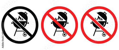 "No Fire and Grill Prohibition Sign Set – Barbecue, Charcoal Grill and Open Flame Ban Icons in Vector Silhouette"