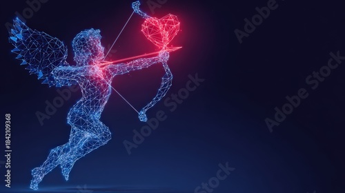 A digital depiction of Cupid, embodying love with a glowing heart. The ethereal figure is captured, aiming its arrow. ..Created with Generative AI, not depicting real subjects.