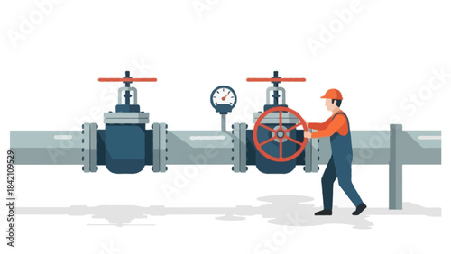 Flat illustration of an industrial gas pipeline with valves and pressure meter