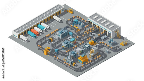 Detailed flat style manufacturing facility with conveyor belts, machinery blocks, loading bays, structured industrial layout, no outline, clean shadows, isolated on white