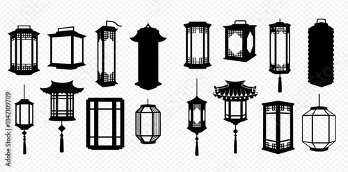 Collection of traditional Asian lantern silhouettes, featuring various shapes and designs for cultural celebrations and decorations.