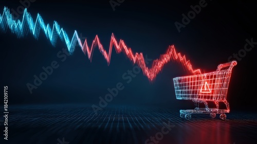 A visual representation of economic downturn, with a shopping cart illuminated in red set against a background of declining data points. ..Created with Generative AI, not depicting real subjects.