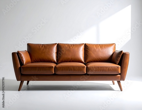 A sleek, modern, tan leather sofa with three cushions, set against a bright white background