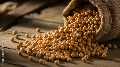 chickpeas in a burlap bag on wooden background.