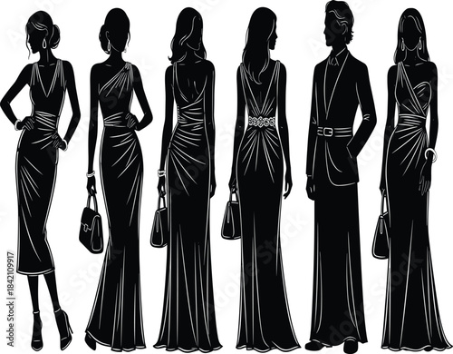 Elegant fashion silhouettes featuring formal evening wear for women and men, showcasing stylish gowns and a tailored suit