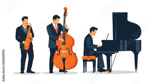 Jazz musicians playing saxophone, double bass and piano on
