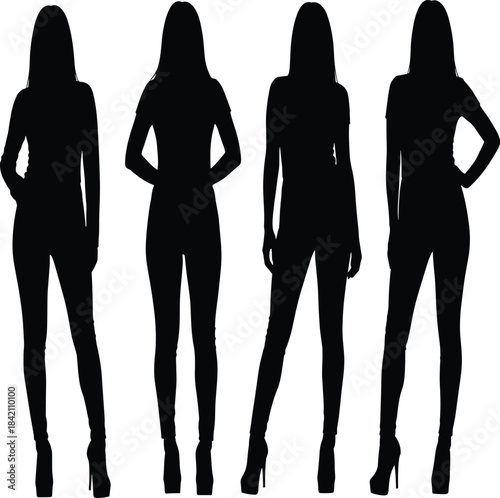 Silhouettes of fashionable female figures standing in various poses, highlighting slim outlines, high heels, and confident stances