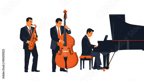 Jazz Music Group Performance with Saxophone, Bass, and Piano Players
