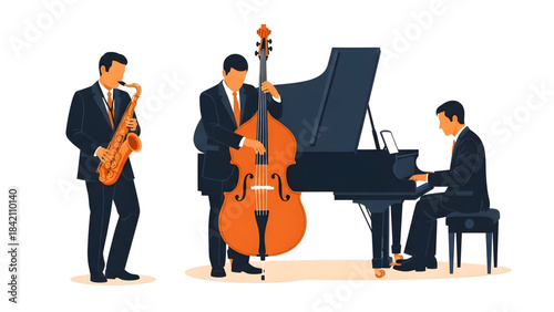Jazz musicians playing saxophone, double bass and piano