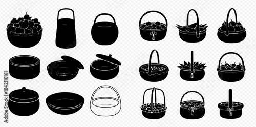 Collection of various basket and bowl silhouettes, including some filled with fruits and flowers, in black and white.