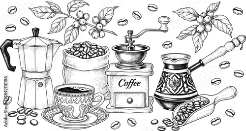 Vintage hand-drawn coffee set featuring grinder, beans, cezve, cup, moka pot, leaves, and traditional brewing elements
