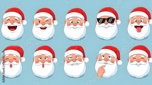 Collection of various santa claus faces with different expressions on blue background
