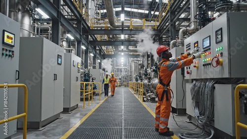 Three workers in safety gear monitor an industrial control room with panels, cables, gauges, meters
