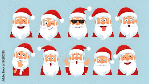 Collection of various santa claus faces with different expressions on blue background