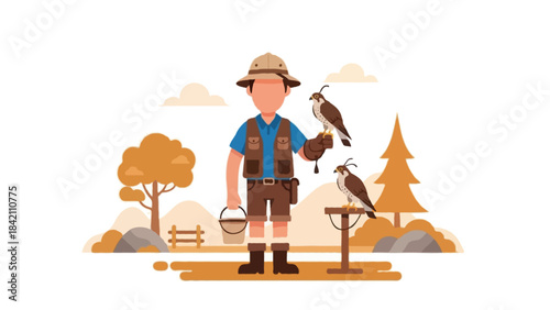 Flat cartoon illustration of a faceless falconer standing outdoors