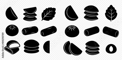 Set of black silhouette food icons including fruit slices, berries, leaves, and various pastries.