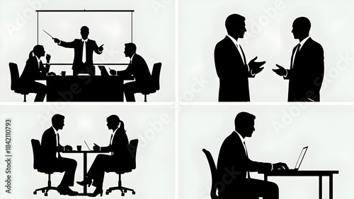 Silhouettes of business people working and communicating in office settings