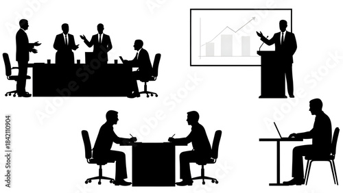Business people in meeting and working with laptops silhouettes on