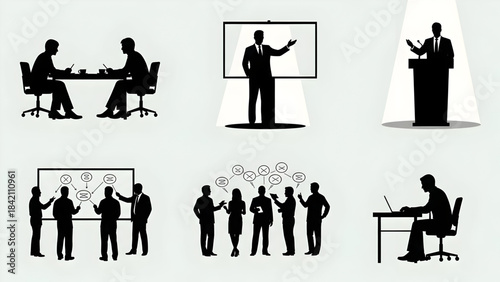 Business people in various meeting and presentation settings with silhouettes