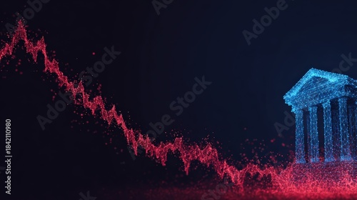 An ominous downward trend symbolized by a plummeting stock market graph casting a shadow over a stylized representation of a grand building. ..Created with Generative AI, not depicting real subjects.