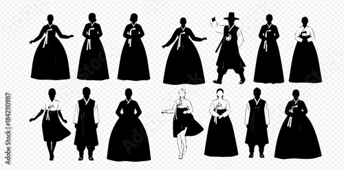Set of traditional Korean hanbok costumes silhouettes for men and women on white background.