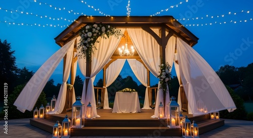 Romantic outdoor wedding gazebo decorated with white drapery and lights